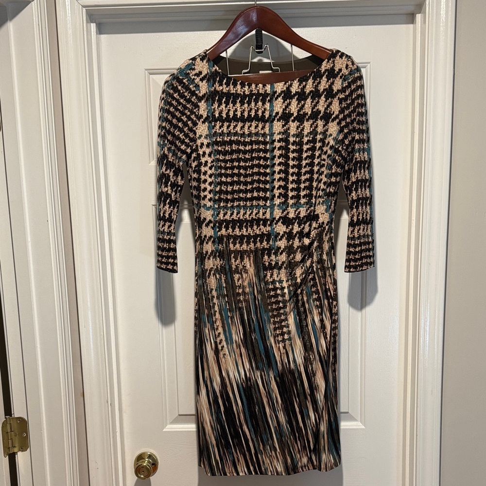 Anne Klein Black and Cream with hints of turquoise Houndstooth Dress
